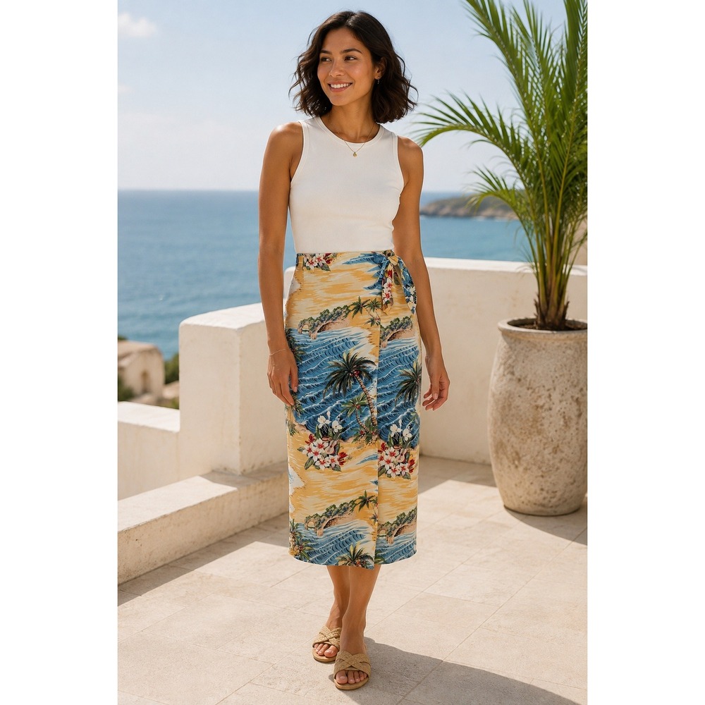Hawaii Vacation Y2K 90s Yellow Blue Retro Tropical Palm Tree Wrap 8 Midi Skirt